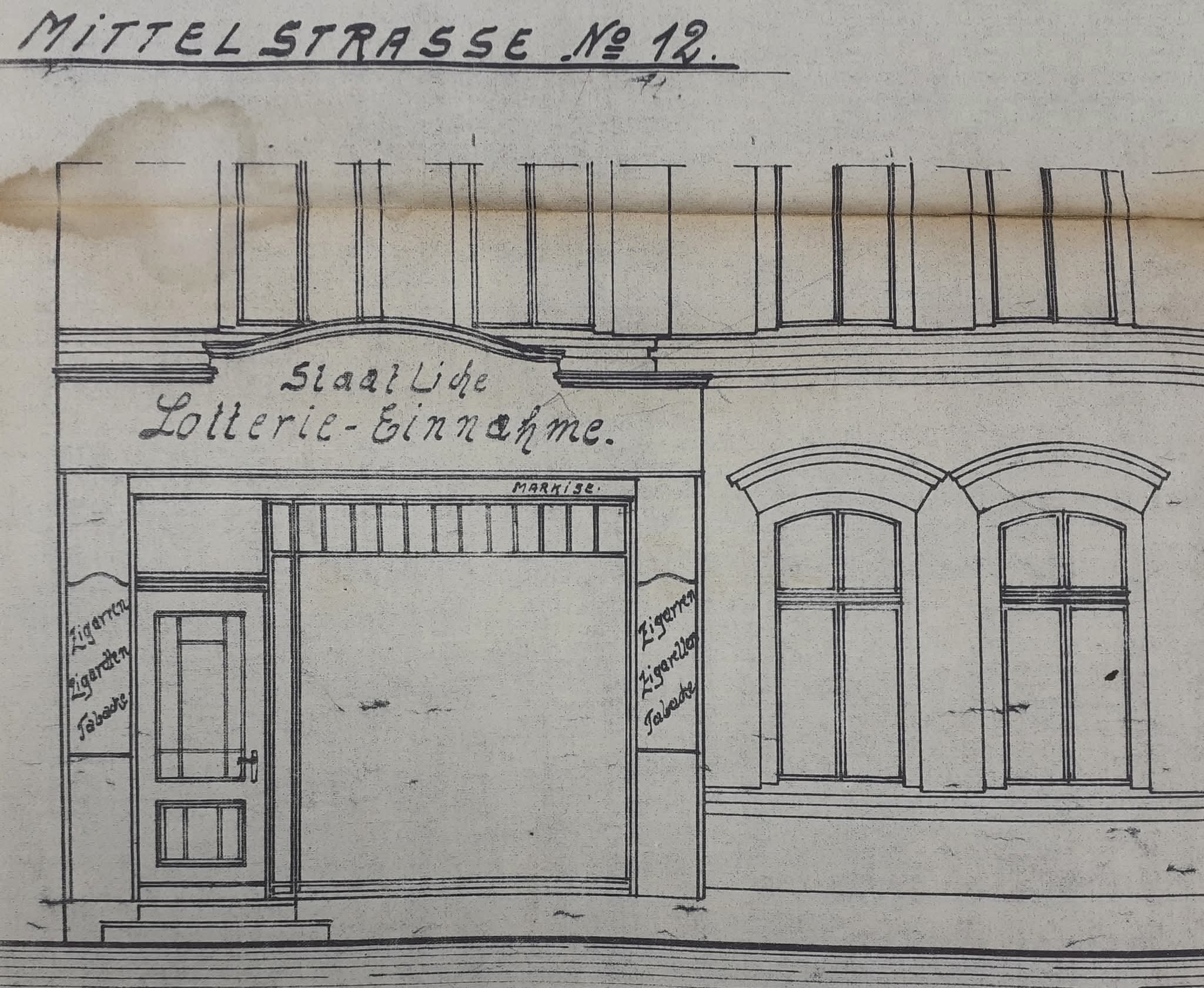 Bauzeichnung von 1924: Ladenfront mit der Aufschrift Staatliche Lotterie-Einnahme