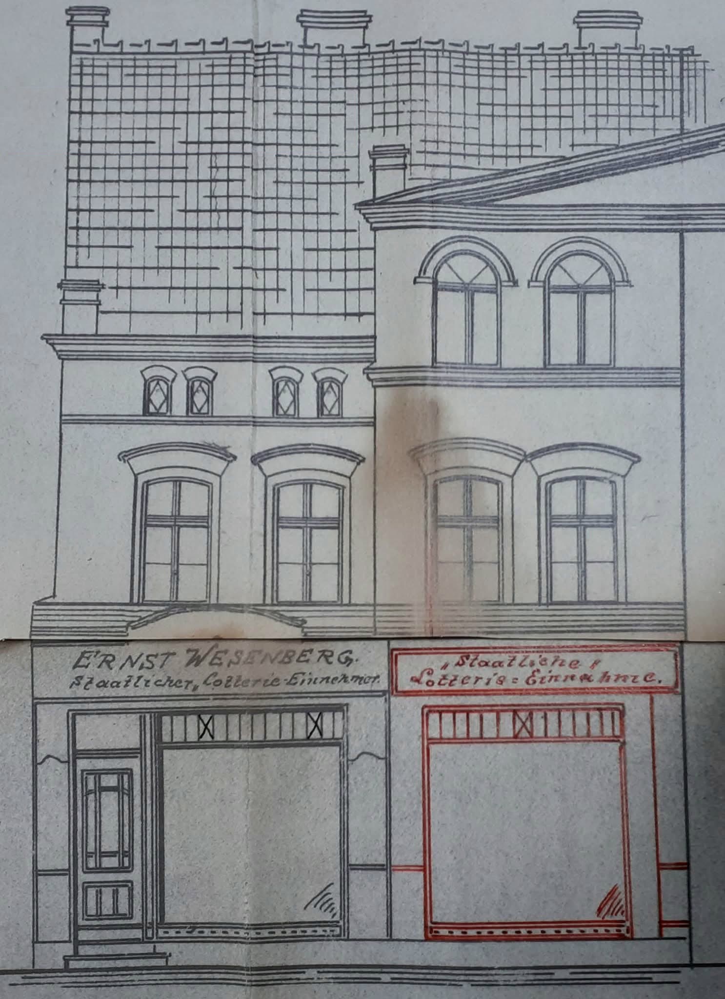 Bauzeichnung von 1928: die ganze Fassade mit dem erweiterten Laden von Ernst Wesenberg