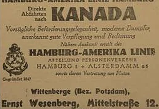 Anzeige: Direkte Abfahrten nach Kanada, Hamburg-Amerika Linie, Vertretung Ernst Wesenberg, Mittelstraße 12