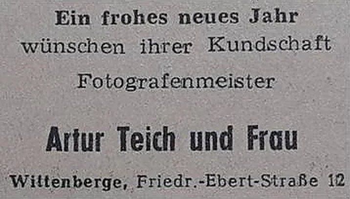 Anzeige: Ein frohes neues Jahr wünschen ihrer Kundschaft Fotografenmeister Artur Teich und Frau, Wittenberge, Friedr.-Ebert-Straße 12