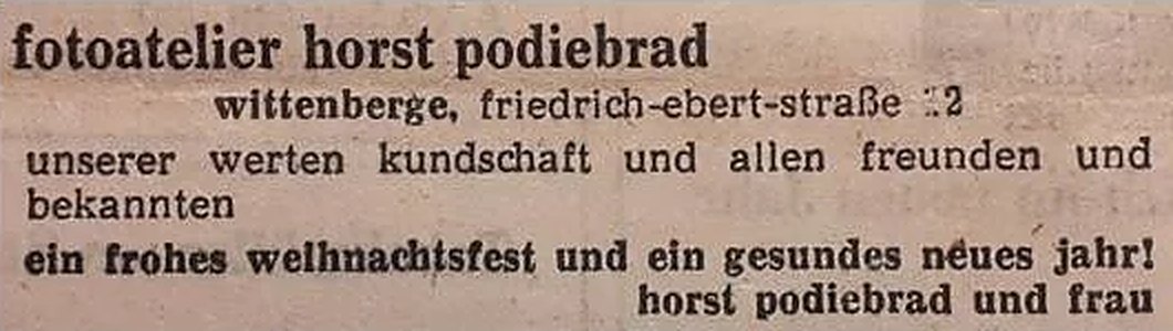 Anzeige: fotoatelier horst podiebrad, wittenberge, friedrich-ebert-straße 12, wünscht ein frohes Weihnachtsfest