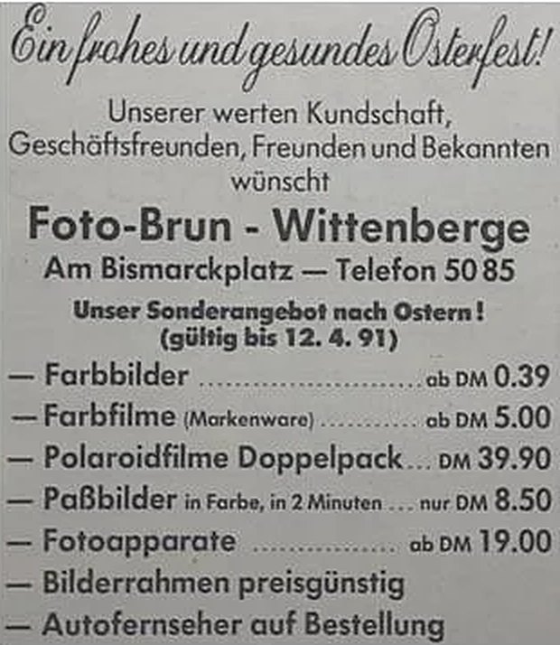 Anzeige: Foto-Brun Wittenberge, Am Bismarckplatz, Telefon 5085: Farbbilder ab DM 0.39, Paßbilder in Farbe in 2 Minuten, Fotoapparate, Autofernseher auf Bestellung
